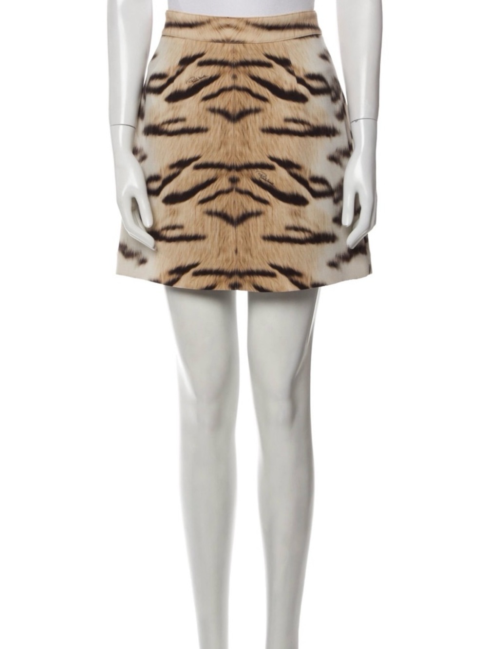 Roberto Cavalli Animal Tiger Print A-Line Skirt in Beige and Brown - US 6/IT 42